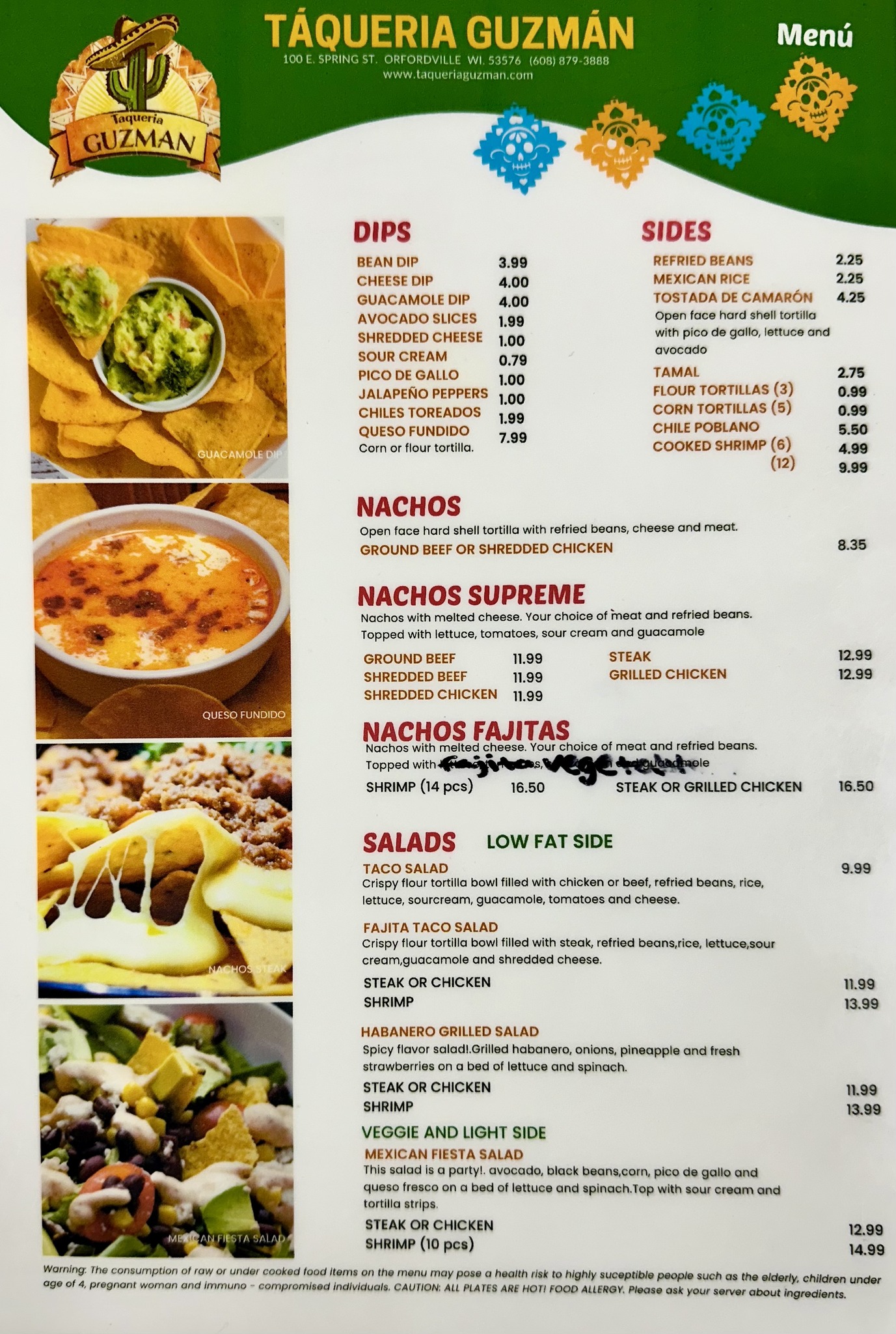 Taqueria Guzman Orfordville 
Menu 
Dips, Sides, Nachos, Salads