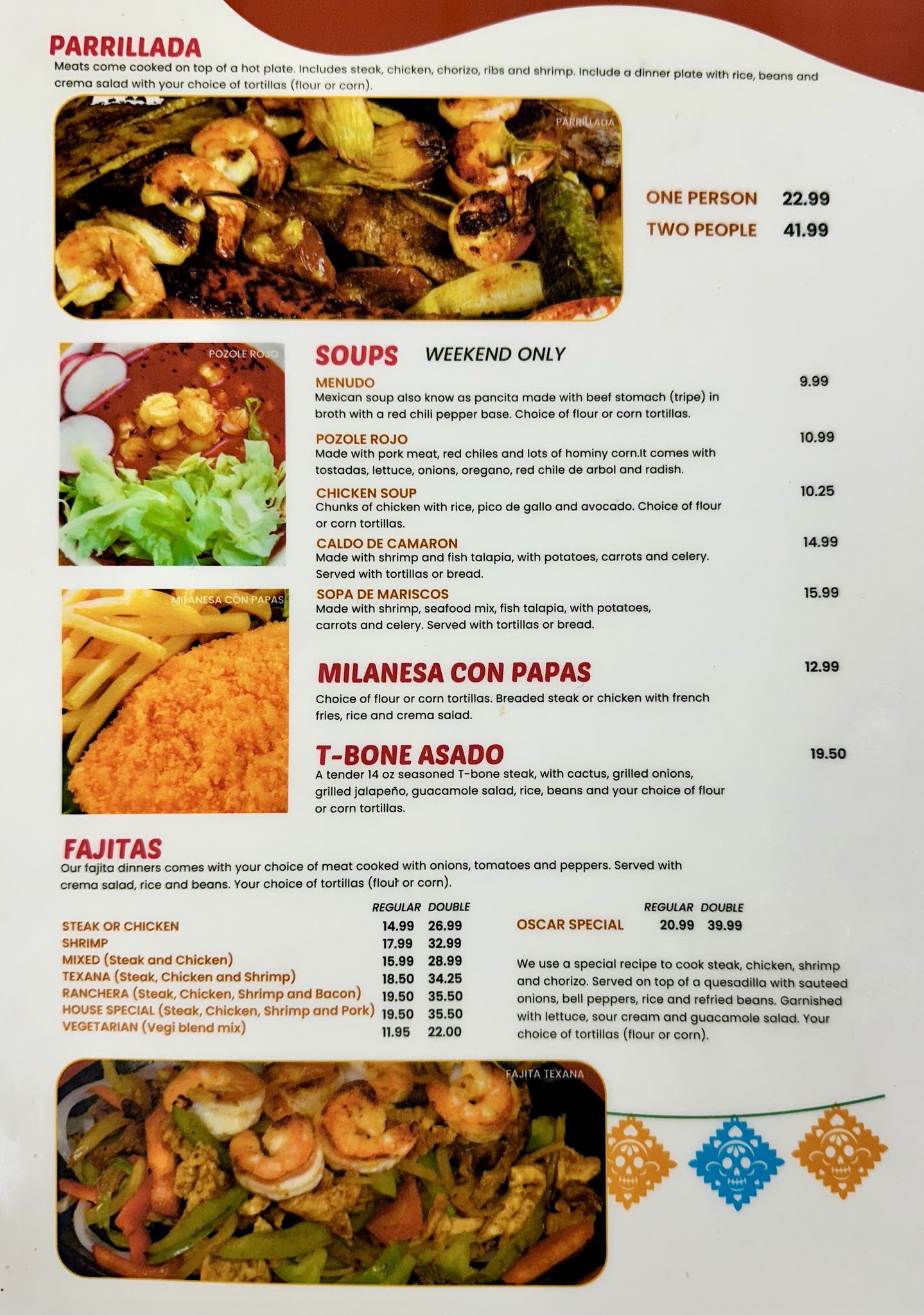 Taqueria Guzman, Orfordville, WI Authentic Mexican Food
Menu
Fajitas
Soups (Weekend Only)
Parrillada

